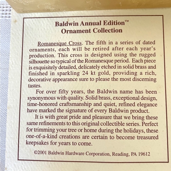 ROMANESQUE CROSS 77001.010 2001 Baldwin Brass Ltd Edition Timeless Craftsmanship - Picture 5 of 6